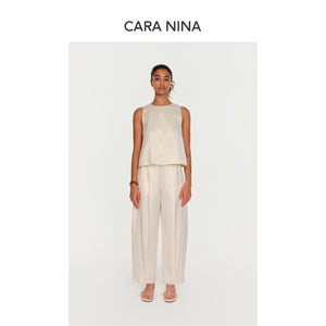 Silk and wool elastic waist pleated casual nine-inch pants