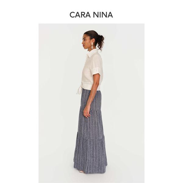 Linen perforated embroidery strap waist-hugging short-sleeved shirt top