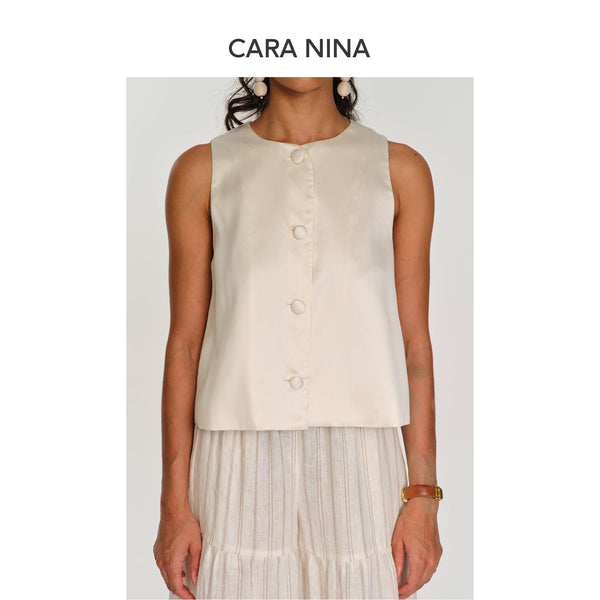 Silk and wool sleeveless round-neck A-line blouse