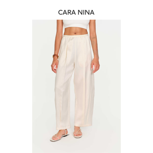 Silk and wool elastic waist pleated casual nine-inch pants