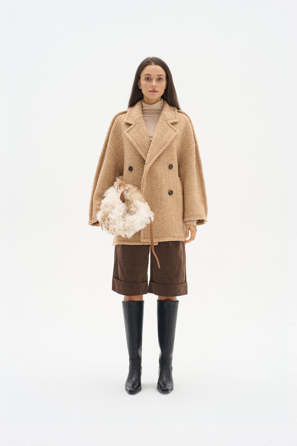 Wool double-breasted lapel coat