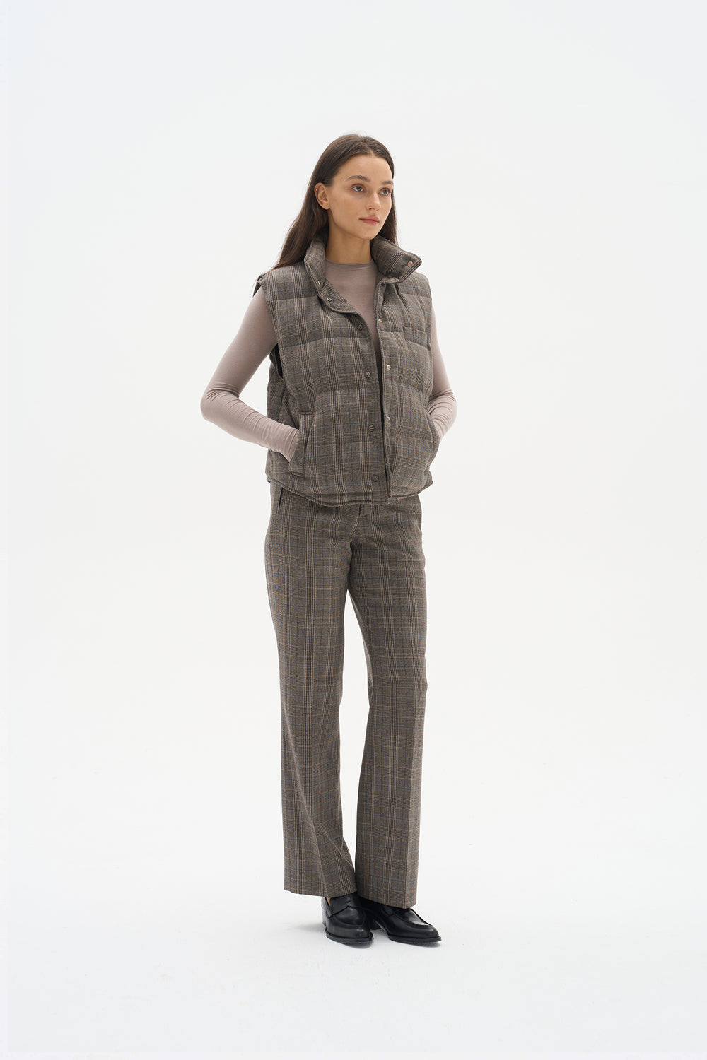 Fine-spun wool checkered goose down jacket vest