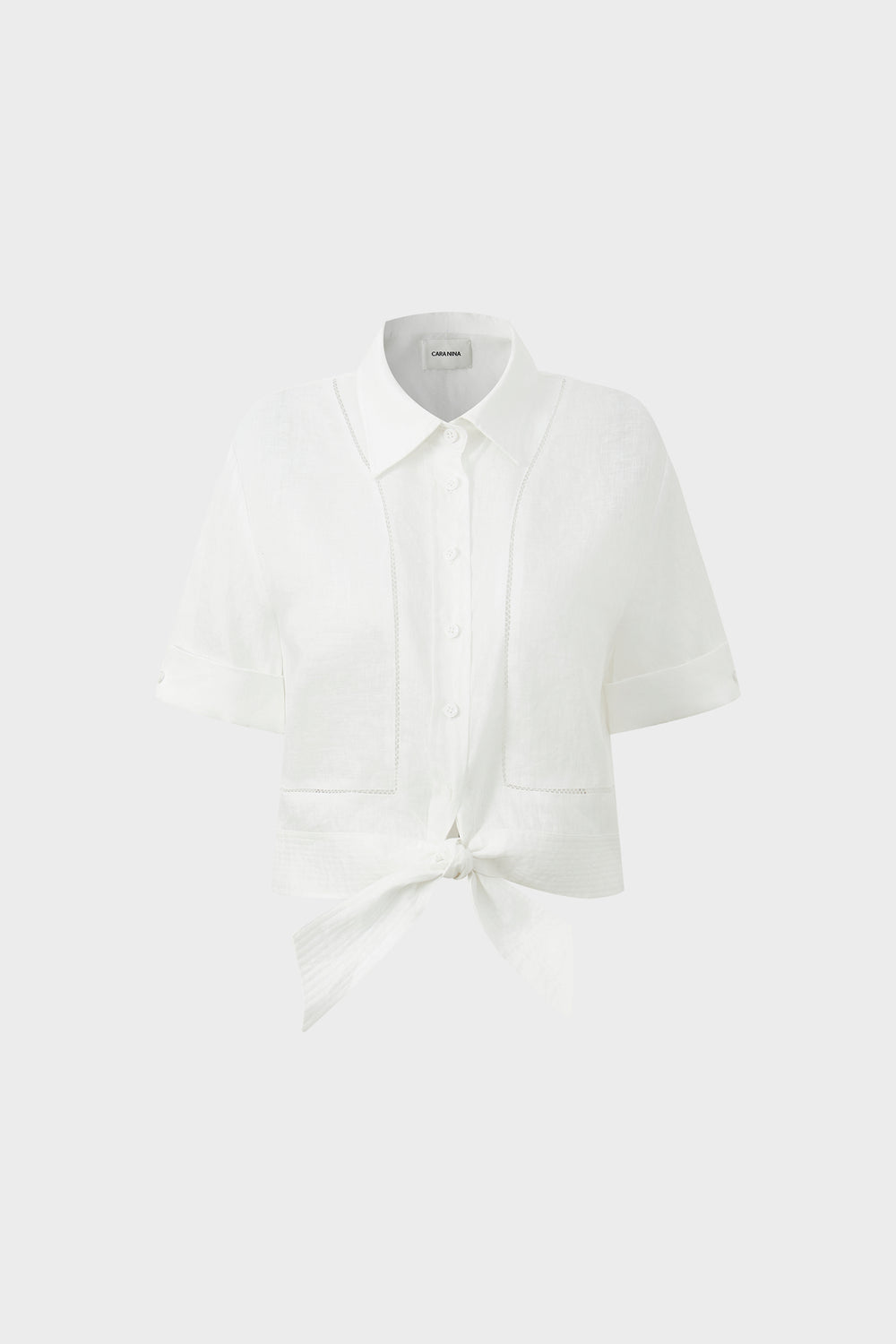 Linen perforated embroidery strap waist-hugging short-sleeved shirt top